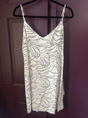 vestique White Linen Slip Dress with Black Leaf Line Print